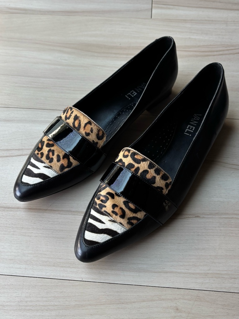 Vaneli Black Pointed Loafers w Textured Leopard and Zebra Accents